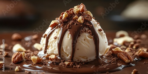 Delicious ice cream topped with chocolate sauce and nuts served in a dessert bowl photo