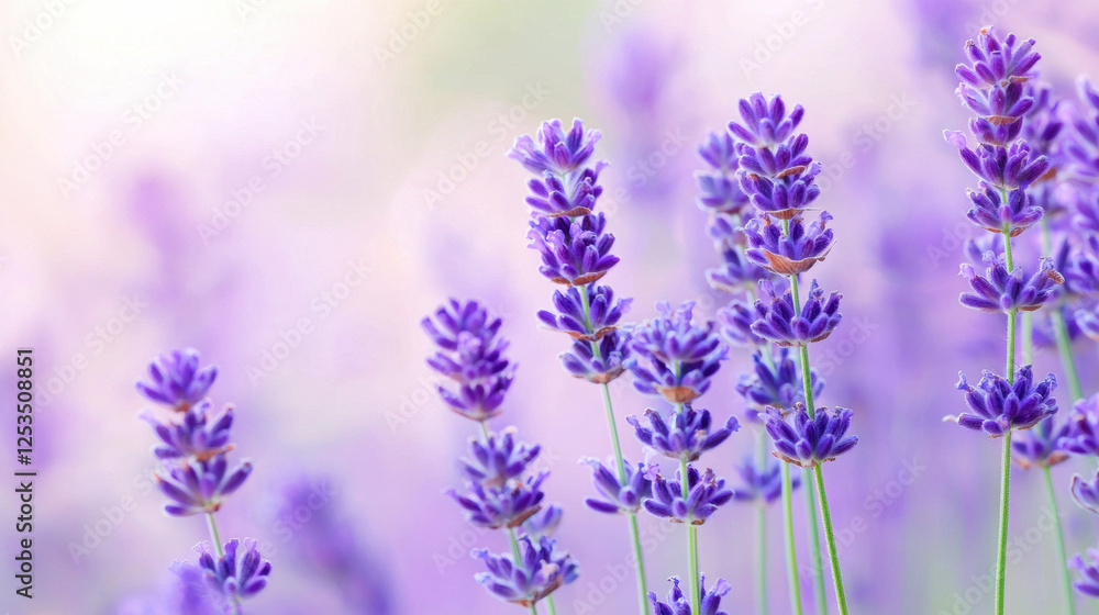 Obraz premium serene close up of blooming lavender flowers in soft, dreamy light, showcasing their vibrant purple hues and delicate texture, evoking sense of calm and tranquility
