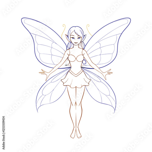  Line art illustration of a fairy with delicate wings and soft colors, perfect for whimsical, fantasy, and magical-themed designs.