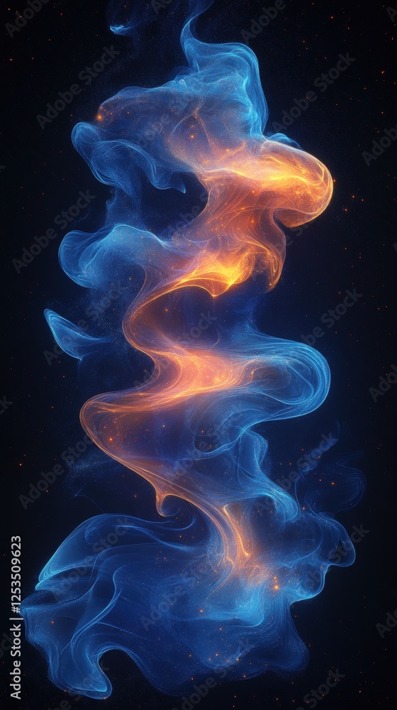 Abstract swirling blue and orange smoke with cosmic background