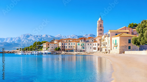 Wallpaper Mural Tranquil beach town cityscape with sandy shores, calm waters, and mountain backdrop, perfect for tourism or travel promotion Torontodigital.ca