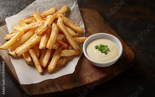 Crispy golden french fries served with a velvety smooth and flavorful garlic aioli dipping sauce for the ultimate snack or side dish experience photo