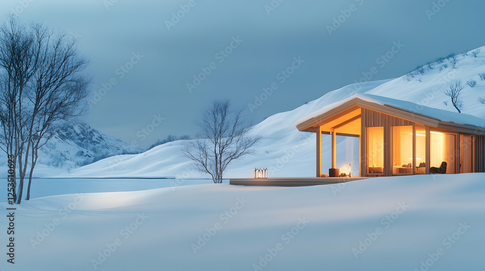 Fototapeta premium Winter cabin retreat at dusk, with soft interior light, snowy mountains in the background. Ideal for travel blogs and real estate marketing