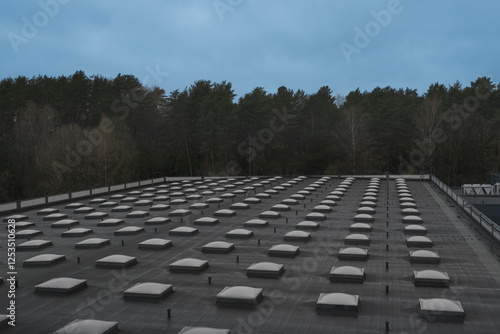 Top view of a modern roof with natural light. Skylights. Energy efficiency. Transparent panels on the roof. High quality photo
