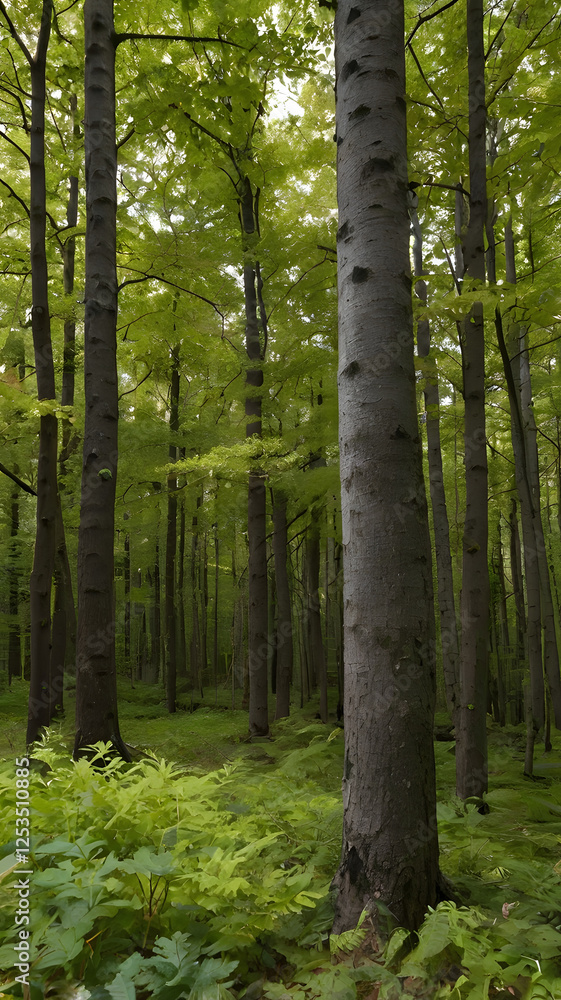 Obraz premium Deciduous Forest Canopy: A lush and verdant forest canopy, dappled with sunlight filtering through the leaves, evokes a sense of tranquility and wonder. The tall trees, thick undergrowth.