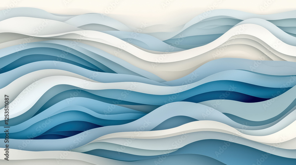 Fototapeta premium Abstract layered waves in shades of blue and white create serene and flowing design, evoking calmness of ocean and beauty of nature rhythm