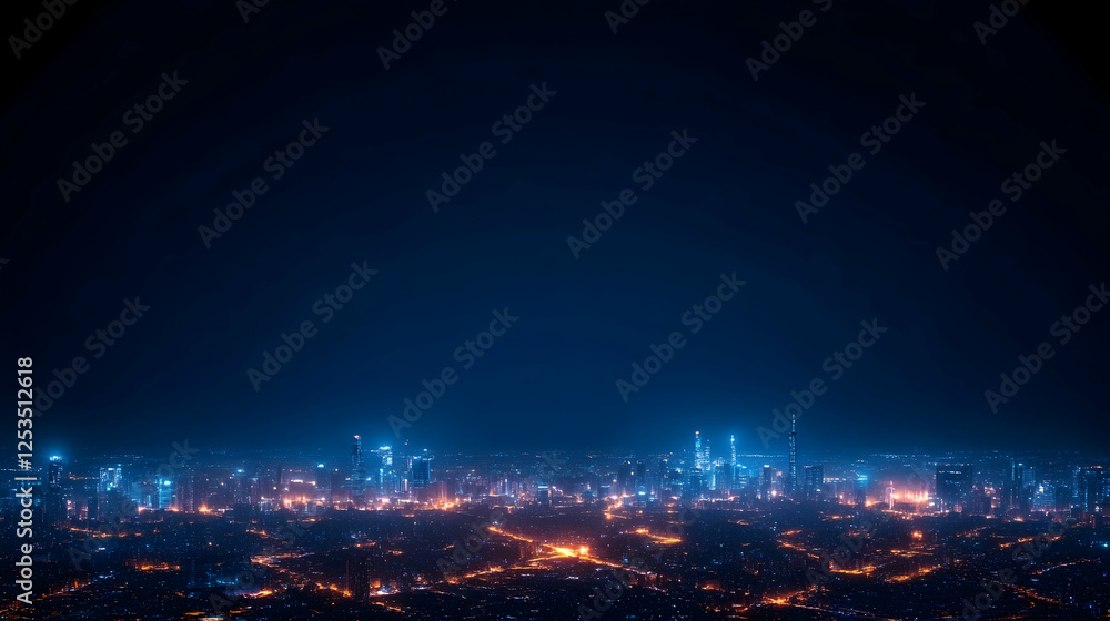 Aerial nighttime view of a city skyline with illuminated buildings and twinkling lights, suitable for backgrounds and tech concepts Aerial nighttime view of a city skyline with illuminated buildings and twinkling lights, suitable for backgrounds and tech concepts