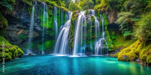 A teal-colored waterfall cascades down a moss-covered cliffside, surrounded by lush greenery, waterfall effect, nature scenery, cliffside
