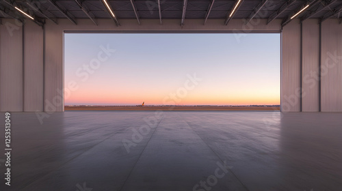 Empty hangar at sunset, airfield view. Use Industrial real estate