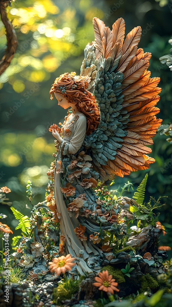 Obraz premium Pandora depicted in Sculpture set in Heavenly garden evoking a Melancholic mood illuminated by Bright sunlight with a Bird's-eye view hyper-detailed vibrant colors intricate details