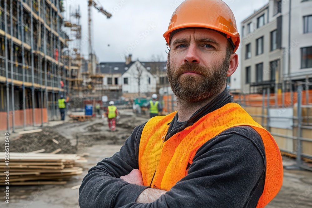 A construction worker standing confidently at a building site, arms crossed, looking at camera A construction worker standing confidently at a building site, arms crossed, looking at camera