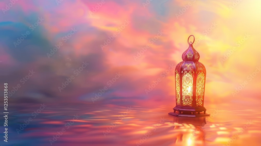 A serene Ramadan lamp glows softly against a pastel pink and blue gradient background, casting gentle, warm light in a peaceful ambiance. A serene Ramadan lamp glows softly against a pastel pink and blue gradient background, casting gentle, warm light in a peaceful ambiance.