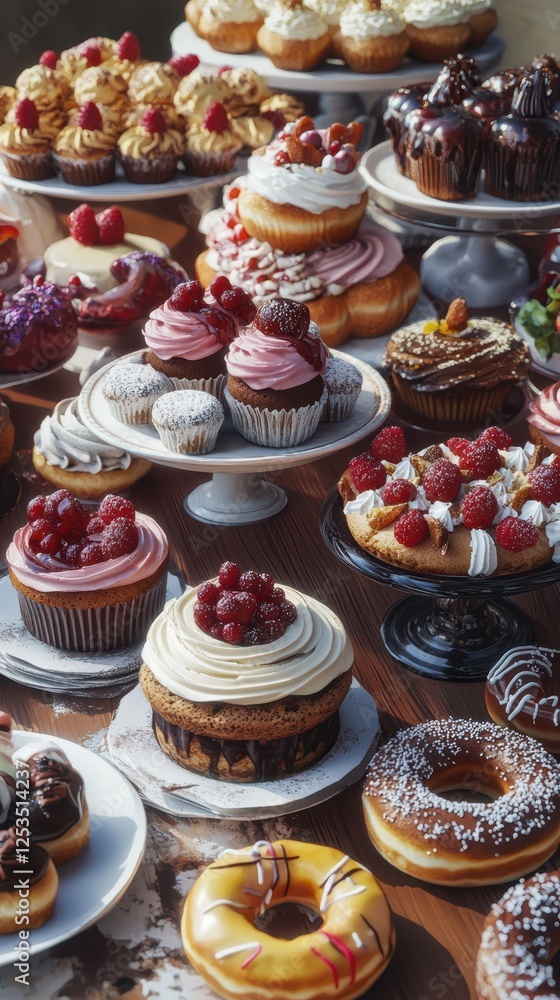 A table filled with various pastries and treats, including cupcakes, donuts, and cakes, all decorated with berries and frosting A table filled with various pastries and treats, including cupcakes, donuts, and cakes, all decorated with berries and frosting