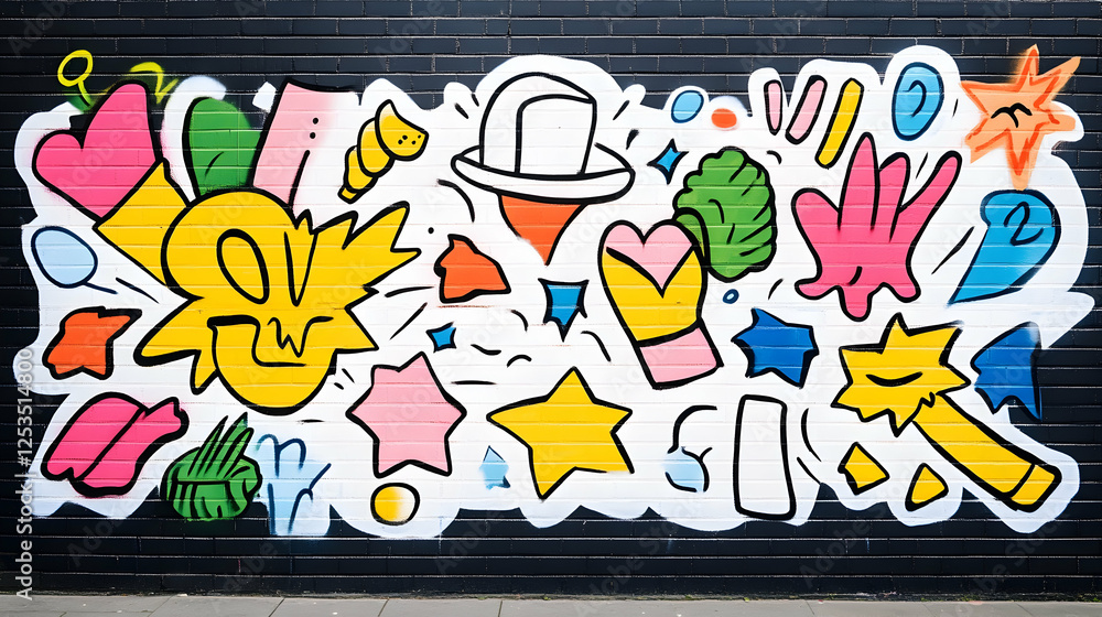 Fototapeta premium Colorful abstract graffiti art on dark brick wall for urban creative projects