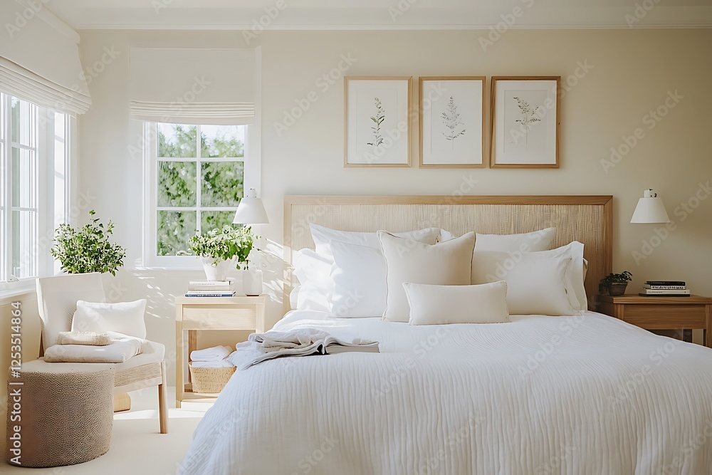 Fototapeta premium there is a bed with white pillows and a white blanket