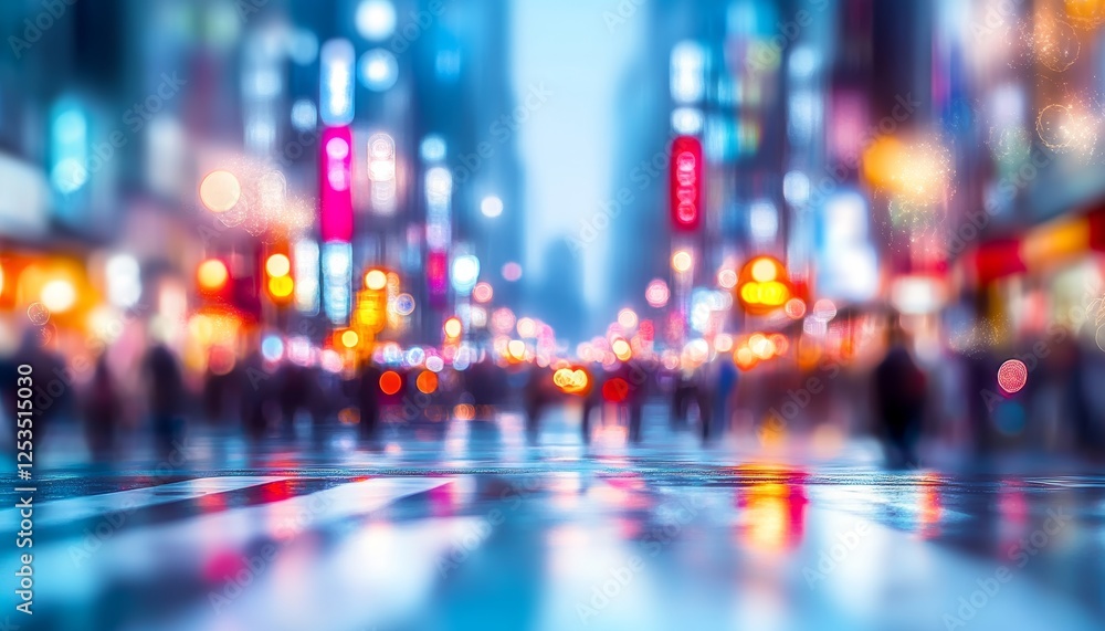 Obraz premium Blurred City Lights, Urban Nightlife Scene With Bokeh And Colorful Reflections On Wet Pavement