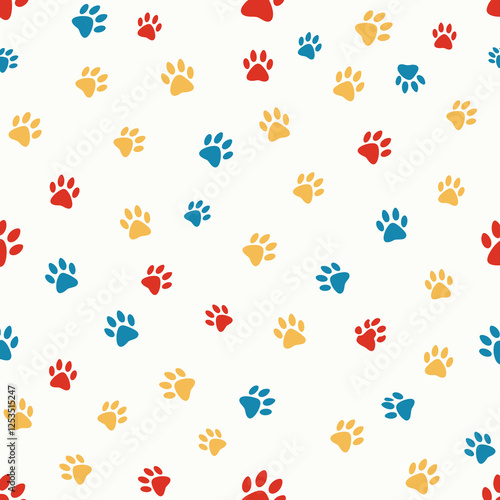 Colorful paw print pattern on white background, playful design