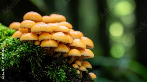 Cluster of mushrooms on mossy log in forest photo