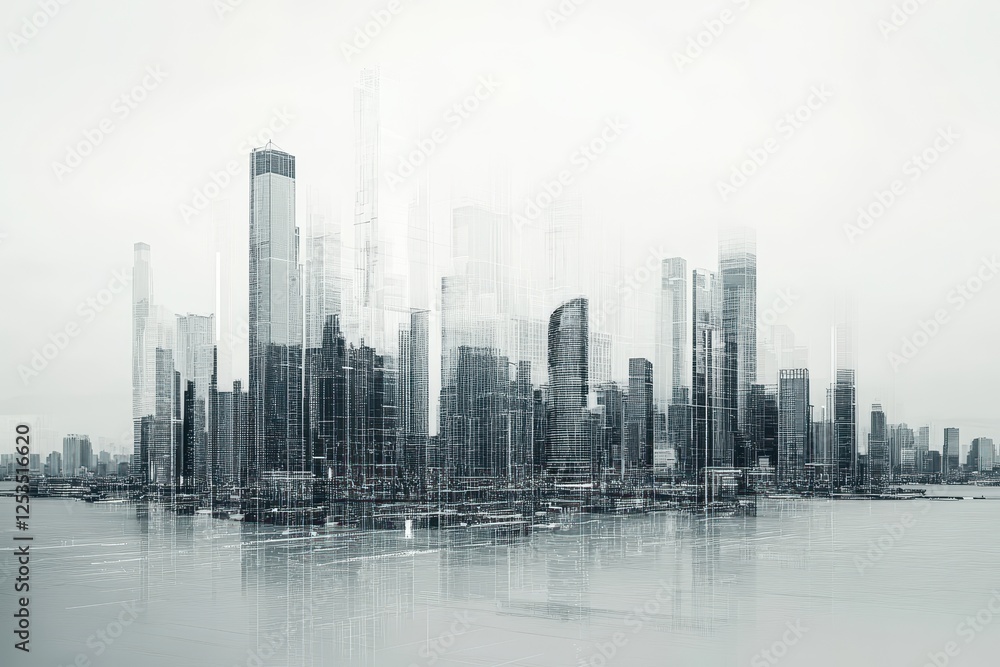 Obraz premium Futuristic city skyline forming from a digital blueprint, concept of largescale business implementation