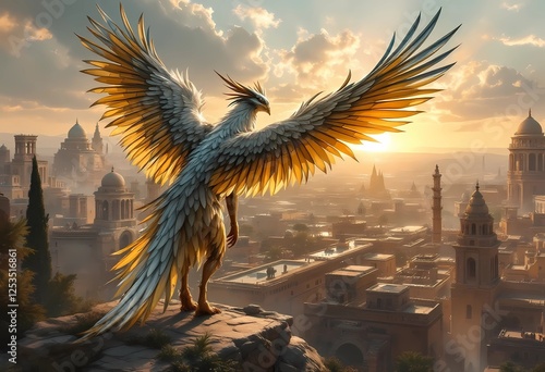 Majestic Phoenix overlooking a Golden City at Dawn photo