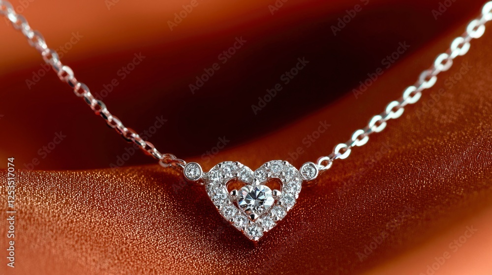 Heart-shaped diamond necklace on orange fabric Heart-shaped diamond necklace on orange fabric