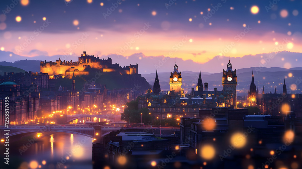 Fototapeta premium Edinburgh cityscape, with the castle in the sunset background, can be used in a travel article, banner or print