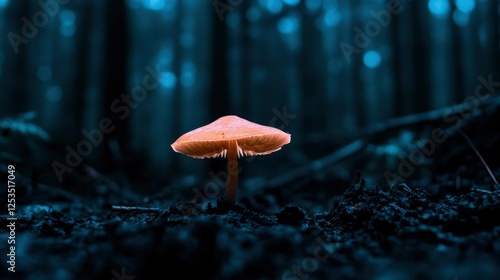 Illuminated mushroom in dark forest floor photo