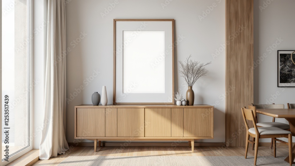 Fototapeta premium Collage Frame Mockup on Shelf, Dining room with frame on sideboard table visible photorealistic.