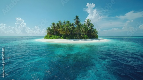 Fototapeta Naklejka Na Ścianę i Meble -  Tropical island paradise palm trees, white sand beach, turquoise ocean. Travel brochure, postcard