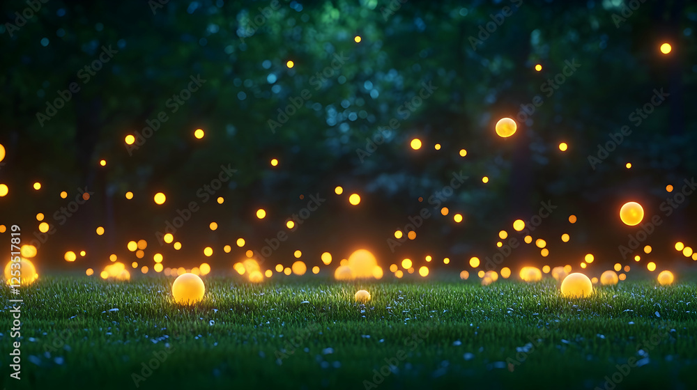 Naklejka premium Fireflies illuminate the grass in a forest. Nature scene for magical, fantasy, or summertime themed projects