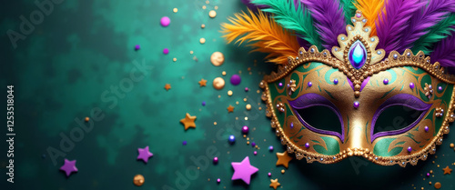 Wallpaper Mural Celebrate Mardi Gras with vibrant masquerade mask adorned with feathers and sparkling accents in emerald, purple, and gold hues Torontodigital.ca