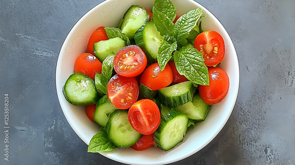 Fresh salad with tomatoes, cucumber, and mint in a white bowl on a textured surface. For healthy diet and food blog illustrations Fresh salad with tomatoes, cucumber, and mint in a white bowl on a textured surface. For healthy diet and food blog illustrations