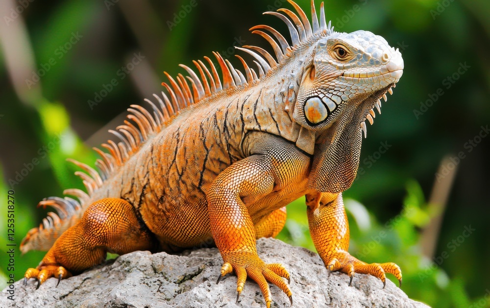 Obraz premium Iguana climbing on rock tropical forest wildlife photography natural habitat close-up vibrant colors
