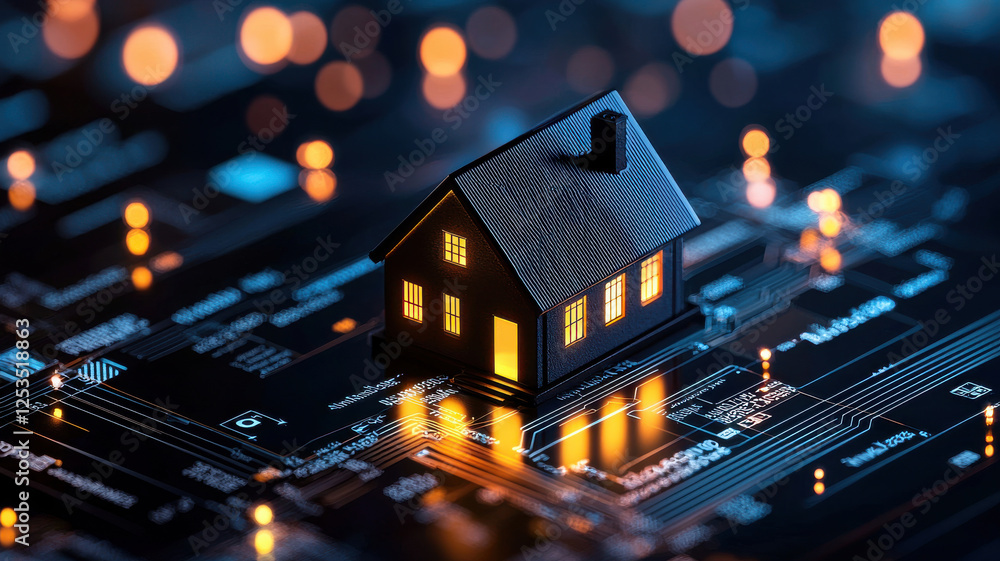 Naklejka premium miniature house on glowing circuit board symbolizes smart home technology