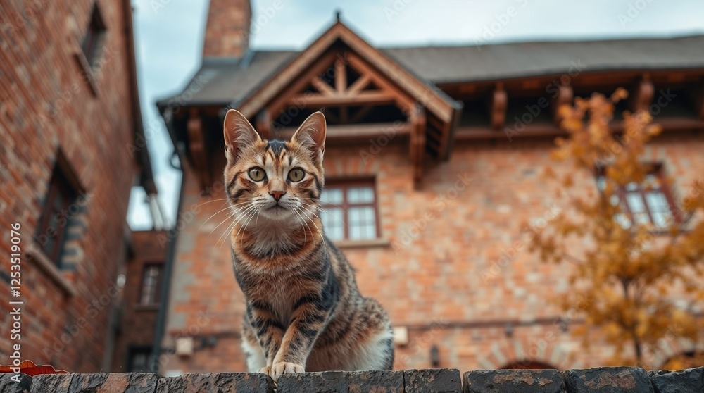 Obraz premium Curious tabby cat sitting on a brick wall near historic building.