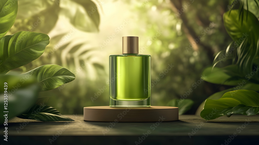 Green liquid in glass container on wood stand. Tropical plants in background. For advertising natural product, perfume, aroma Green liquid in glass container on wood stand. Tropical plants in background. For advertising natural product, perfume, aroma