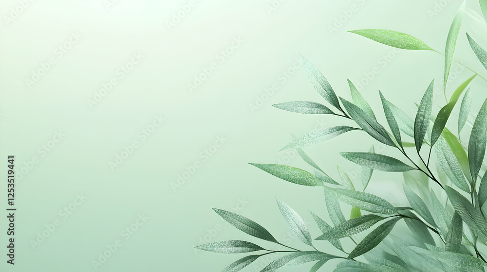 Green foliage adorns a light backdrop, ideal for natural or organic design, conveying freshness and tranquility Green foliage adorns a light backdrop, ideal for natural or organic design, conveying freshness and tranquility