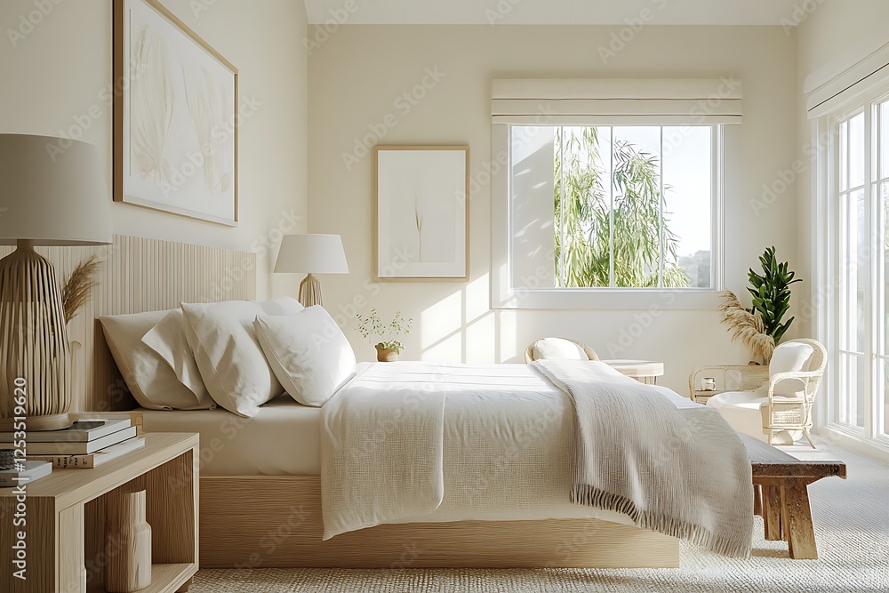 Fototapeta premium there is a bed with a white blanket and a wooden table