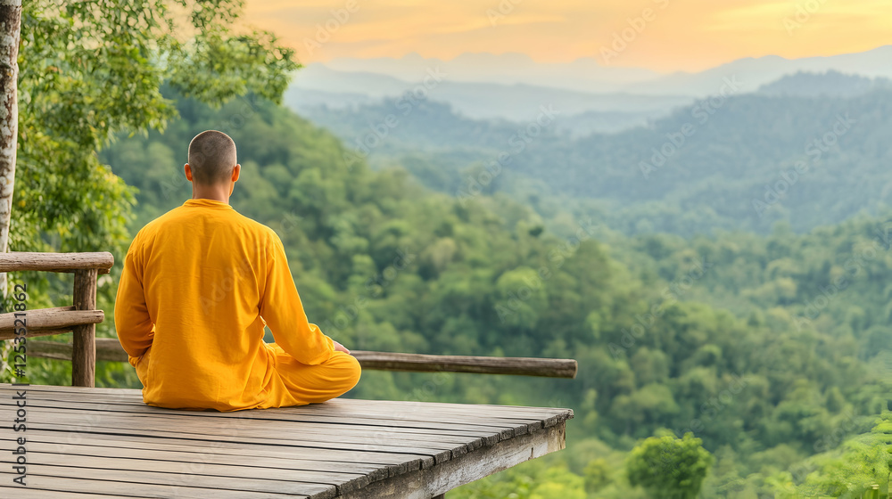Meditating Monk in Orange Robes Overlooking a Mountainous Forest at Sunrise, representing peace and enlightenment Meditating Monk in Orange Robes Overlooking a Mountainous Forest at Sunrise, representing peace and enlightenment