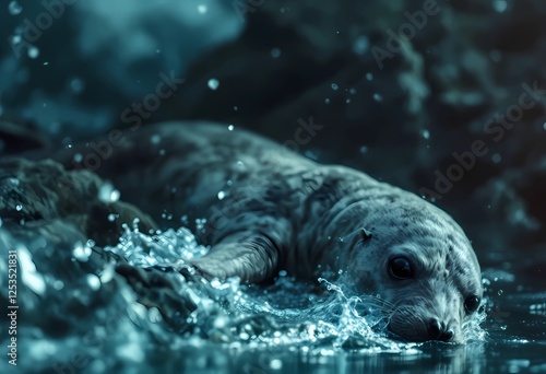 Serene Seal Pup in the Ocean's Embrace: A Moody Aquatic Portrait
