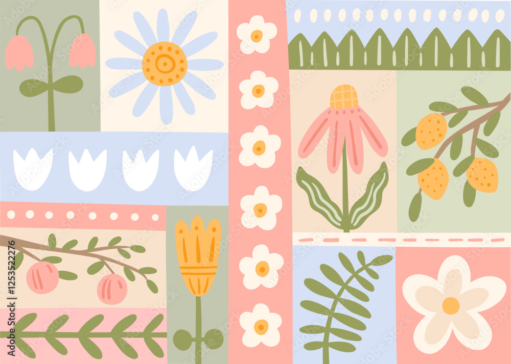 Cute spring abstract illustration in patchwork style. Vector bright pattern with plants and flowers. Hand-drawn illustration