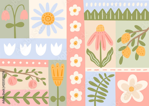 Cute spring abstract illustration in patchwork style. Vector bright pattern with plants and flowers. Hand-drawn illustration