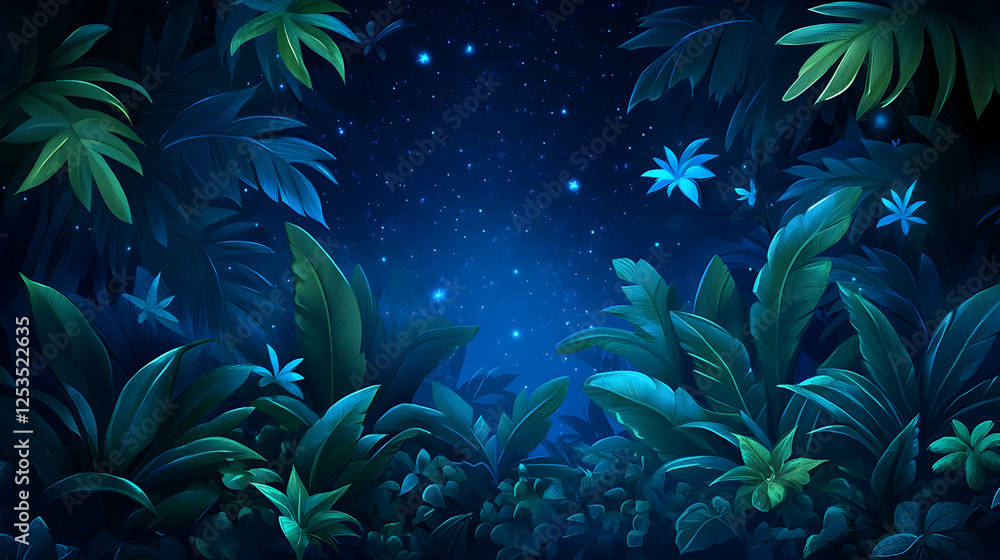 Fototapeta premium Nighttime tropical jungle foliage with stars twinkling, used for wallpaper or educational background illustration