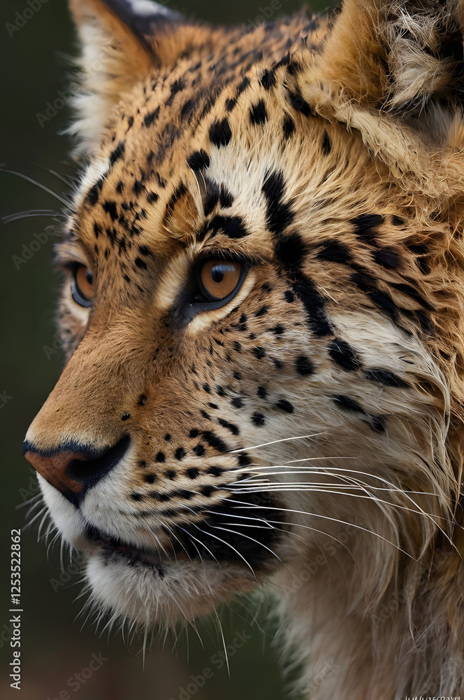 Obraz premium Amur Leopard Portrait: Striking close-up of an Amur leopard's head and shoulders, showcasing its unique spotted coat, intense gaze, and powerful presence.