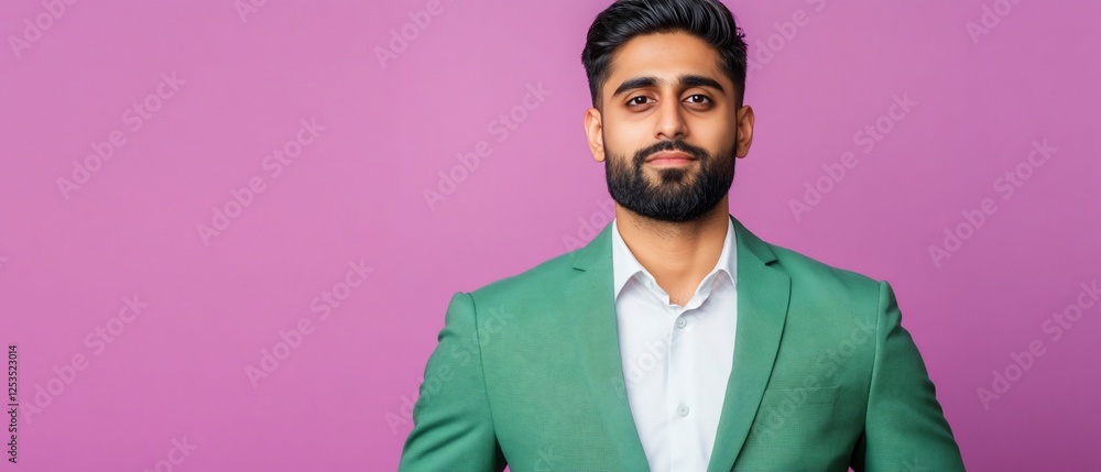 Obraz premium Man in green jacket, pink background