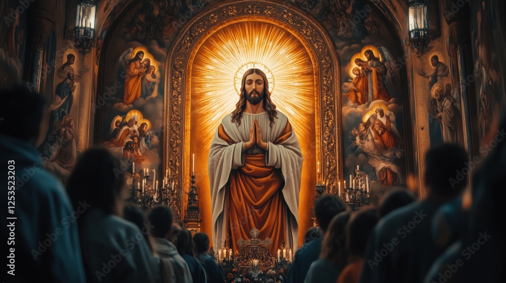 Parishioners gathering in church and praying in front of a statue of jesus christ Parishioners gathering in church and praying in front of a statue of jesus christ
