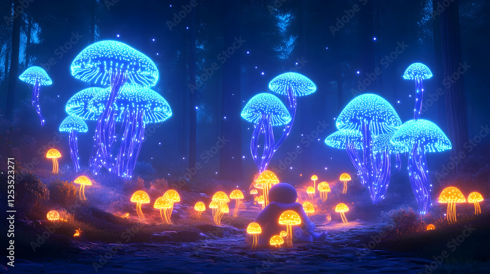 custom made wallpaper toronto digitalPerson sitting watching glowing mushrooms illuminate a fantasy forest at night. Use as an illustration for children's stories