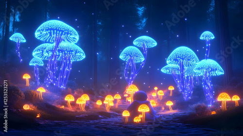 Wallpaper Mural Person sitting watching glowing mushrooms illuminate a fantasy forest at night. Use as an illustration for children's stories Torontodigital.ca