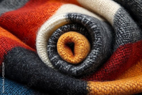 Close-up of a beautifully rolled wool blanket showcasing vibrant colors and intricate texture