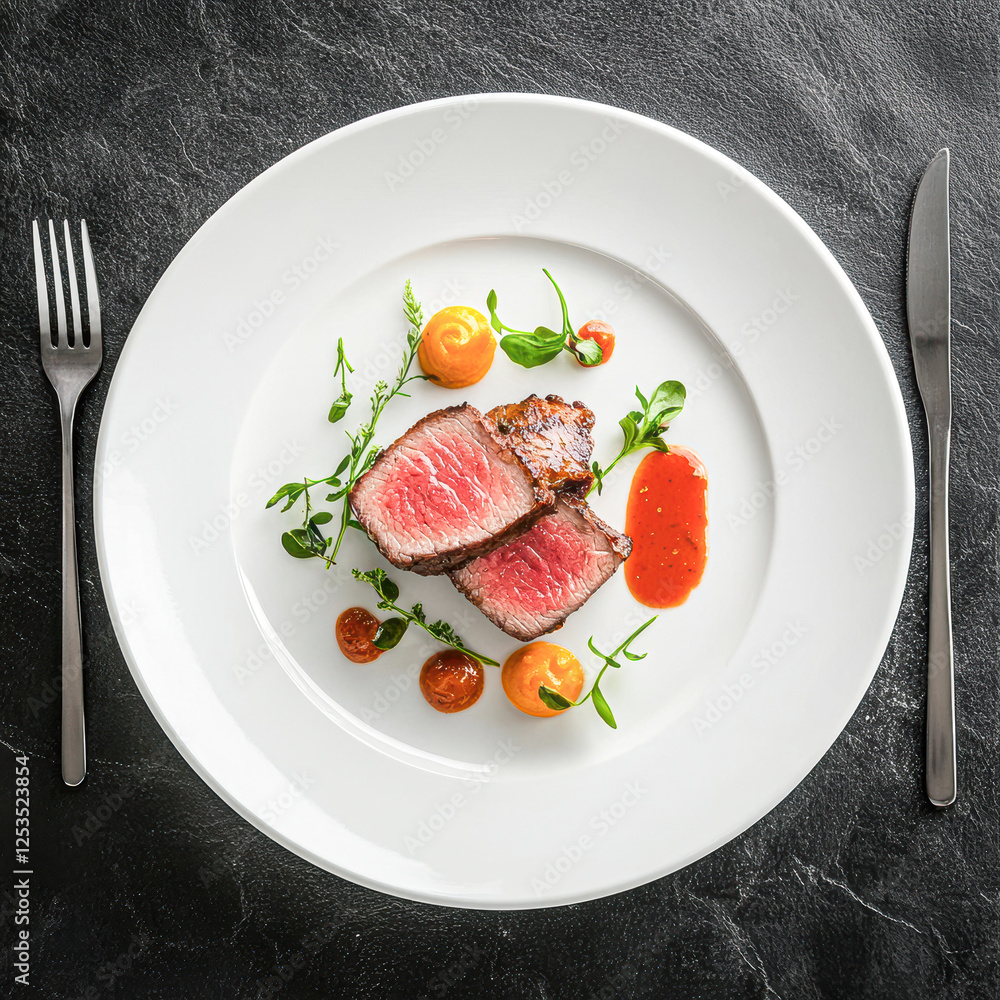 Gourmet beef dish artistic plating and culinary delight in food Gourmet beef dish artistic plating and culinary delight in food